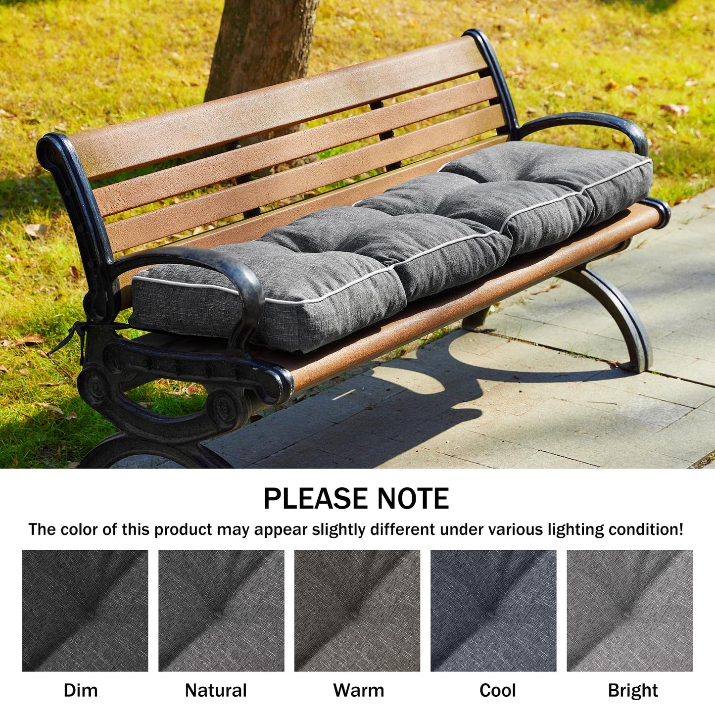 IPYNBAP Bench Cushion, 42 x 16 Inch Patio Furniture Cushions with Durable Ties, Soft Memory Foam Bench Cushions for Indoor/Outdoor Furniture with Non-Slip Bottom, Kitchen&Dining, Dark Grey