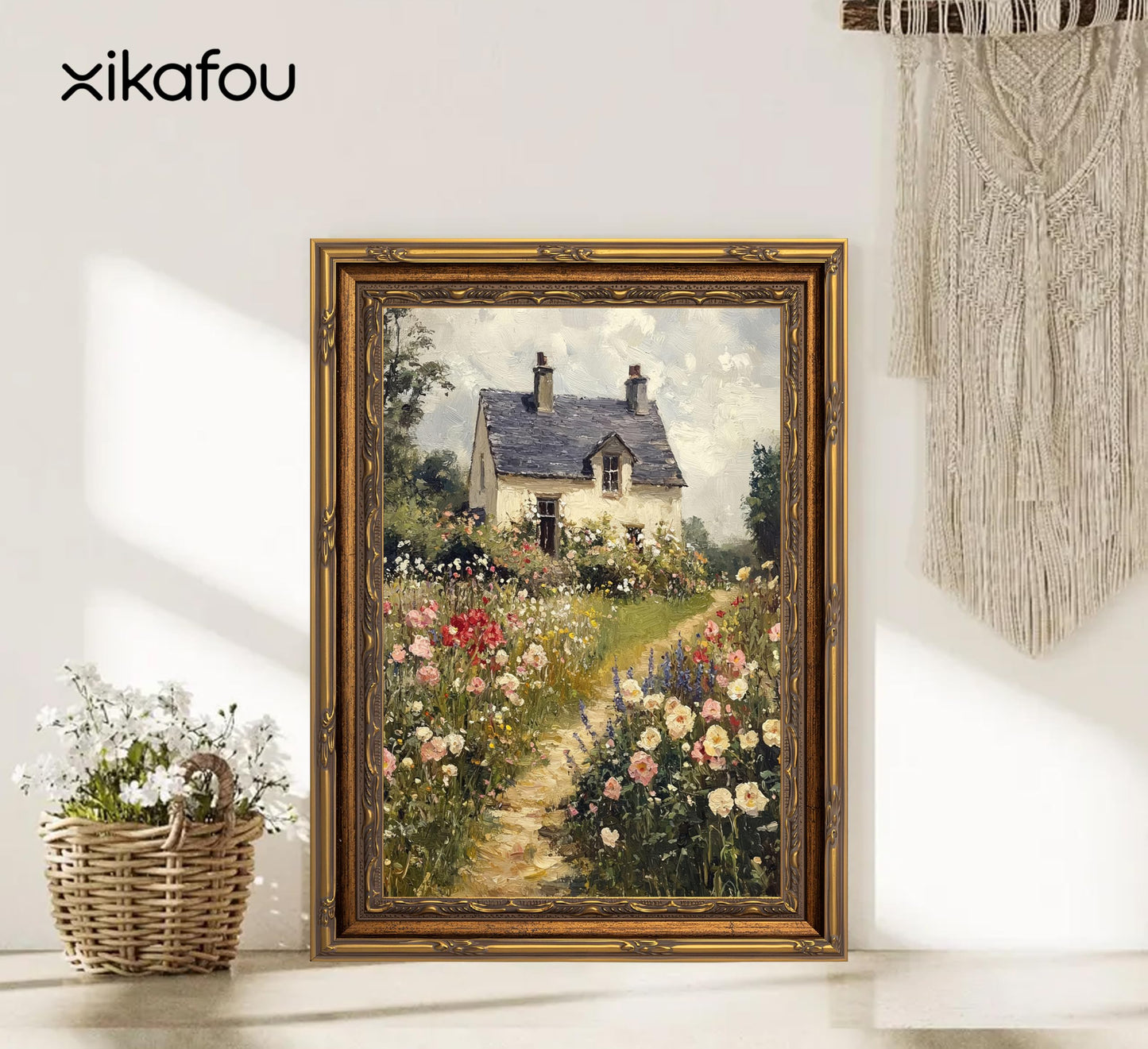 3D Textured Canvas Wall Art Vintage Carved Gold Frame Vintage Country Farmhouse Wildflower Nature Floral Relief Poster Print Artwork for Bedroom, Bathroom, Living Room Office Home Decor