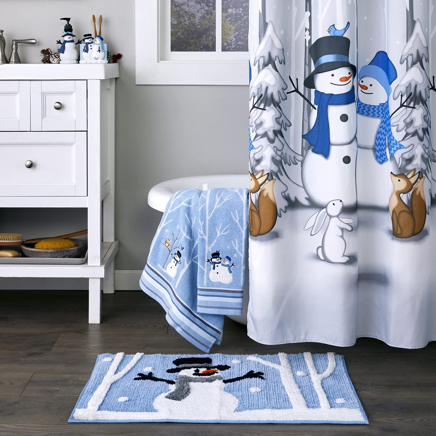 SKL Home Christmas Winter Friends Snowman Shower Curtain, Blue