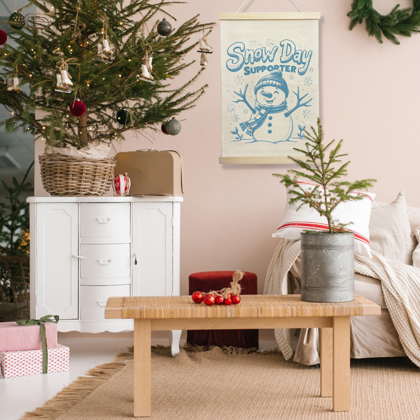 NQDWX Cute Snowman Snow Day Supporter Wall Art Sign, Canvas Hanging Wall Flag Poster Hanger Frame for Christmas Winter Holiday Home Bedroom Office 12x17 Inches.(216)