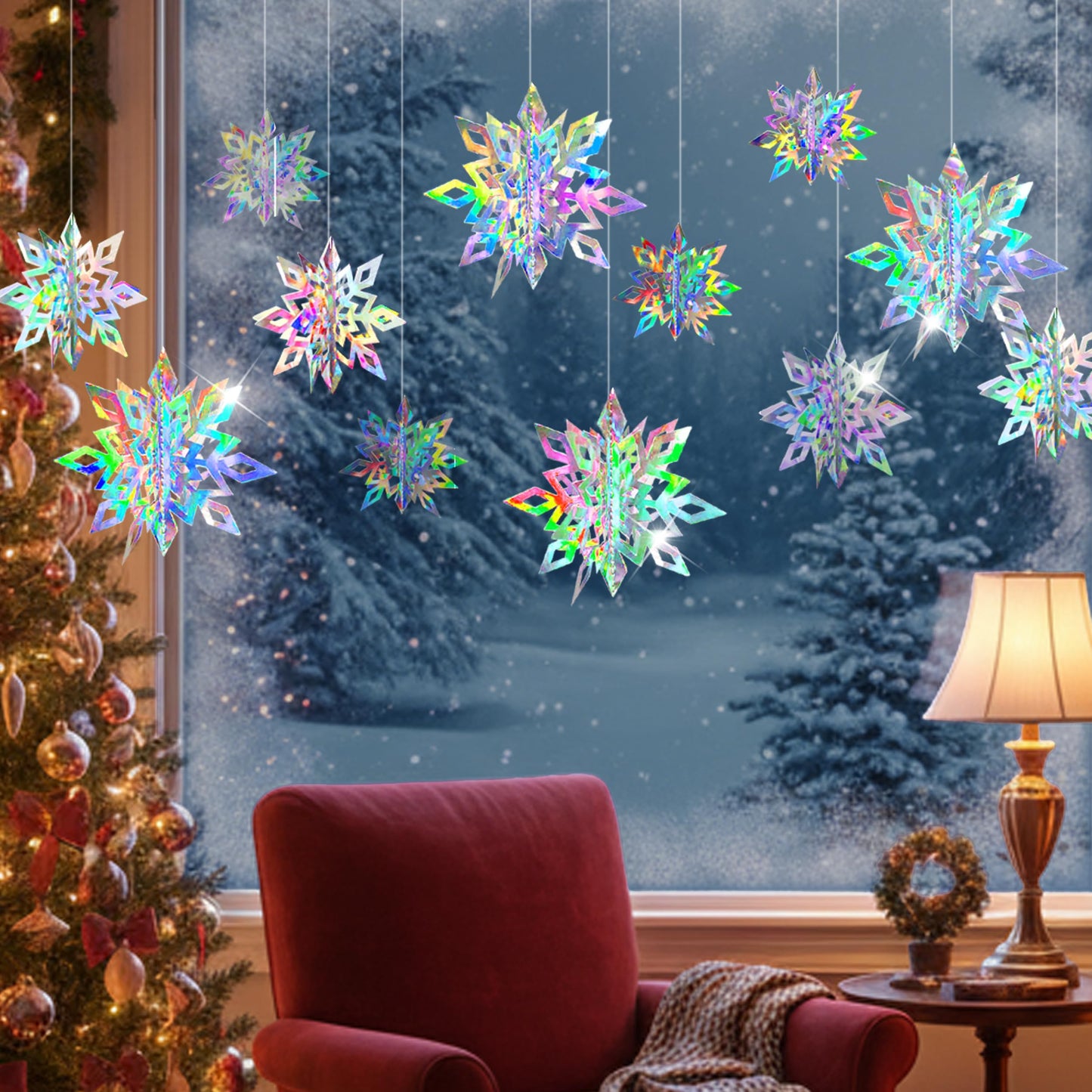 Cheerland Winter Wonderland Decorations Iridescent Snowflakes Garland Holographic 3D Snowflake Streamers for Winter Onederland Birthday Party Decoration Backdrop Office Janurary Party Indoor Supplies