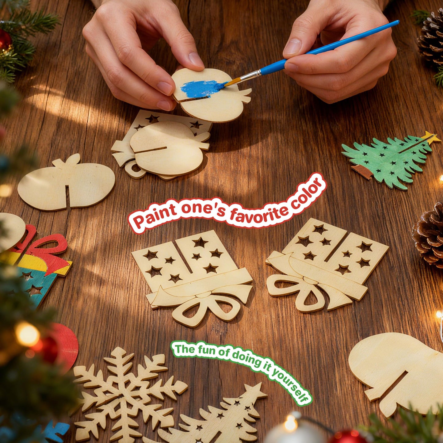 BENIMUS DIY 3D Christmas Wood Crafts to Paint, Unfinished Wooden Table Decorations, Wooden Slices Christmas Decor Cutouts Ornaments for Painting Decorations (32 PCS)