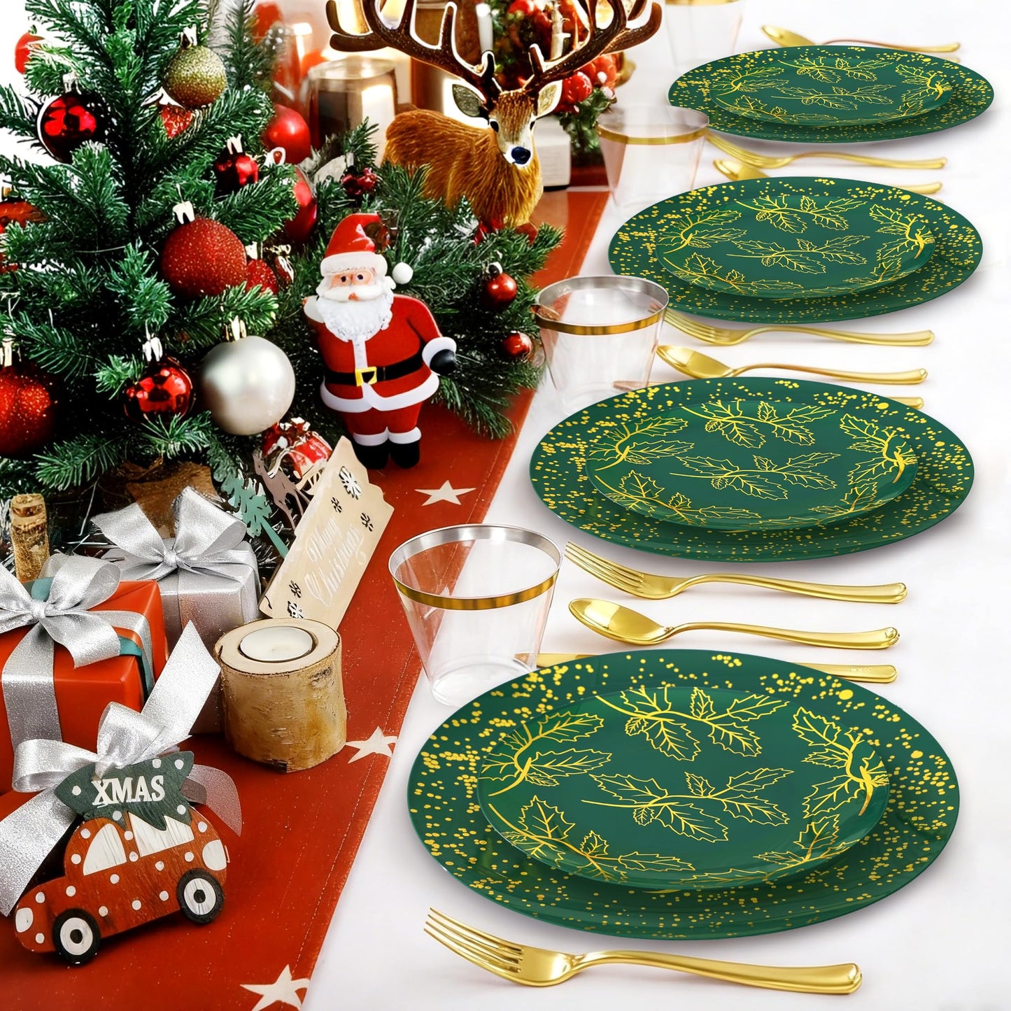 qonimi 175PCS Christmas Party Supplies - Christmas Plastic Dinnerware Set for 25 Guests, 50 Dinner Plates, 25 Cups, 25 Pre-Rolled Napkins with Plastic Cutlery, Gold Tree Design for Party