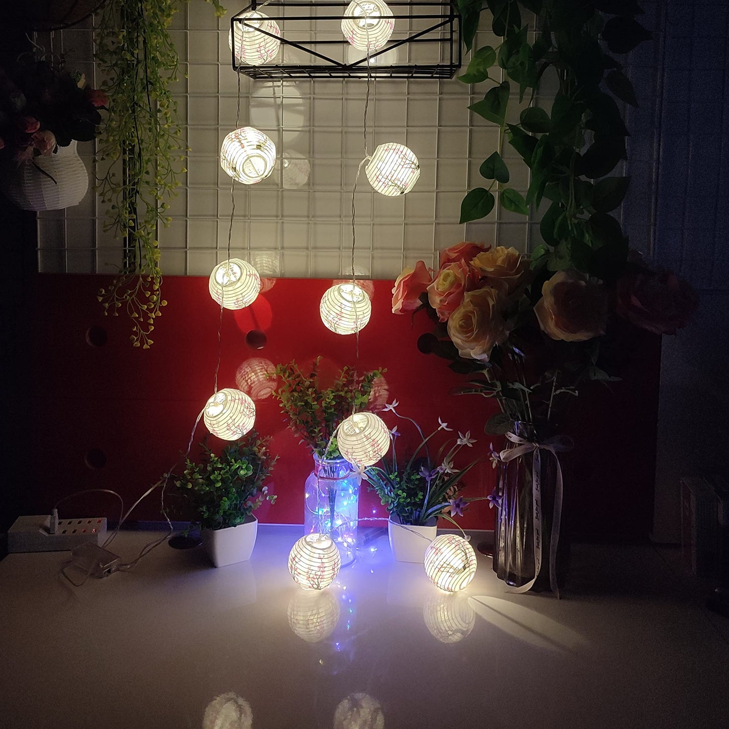 JYWJ Sakura (Cherry) Flowers White Color Chinese/Japanese Small Paper Lantern/Lamp 3" Diameter LED String Light Length 78.7" 2-AA Battery Powered & USB Charger Gift for Kids (Pink)