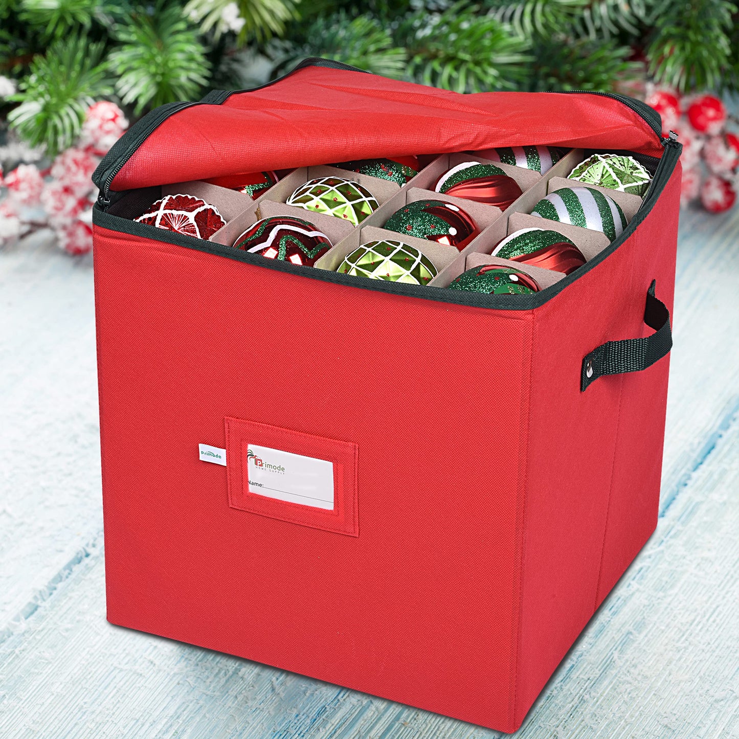 Primode Christmas Ornament Storage Box, 4 Individual Trays Xmas Storage Container, Fits 64 Ornaments Decoration Balls, Constructed of Durable Polyester Material (Red)