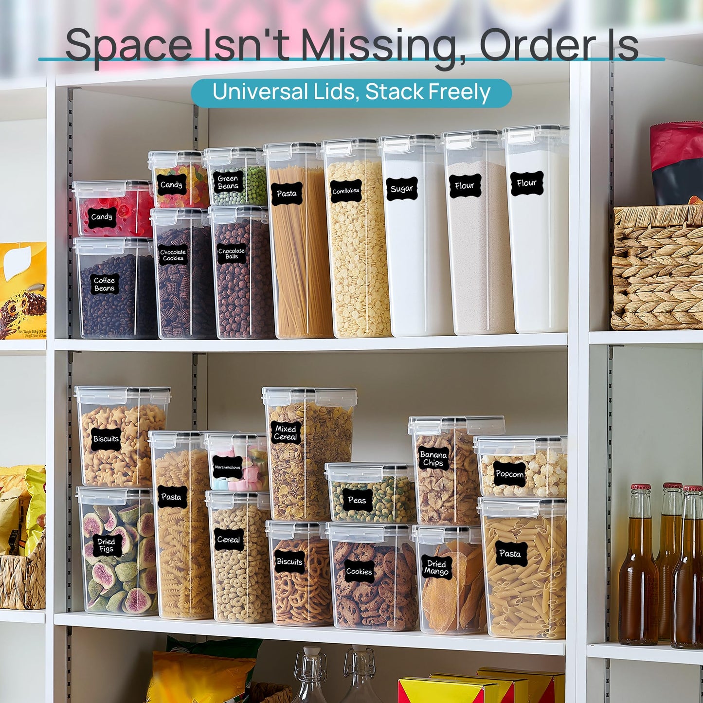 Airtight Food Storage Containers with Lids, Vtopmart 24 pcs Plastic Kitchen and Pantry Organization Canisters for Cereal, Dry Food, Flour and Sugar, BPA Free, Includes 24 Labels,Black