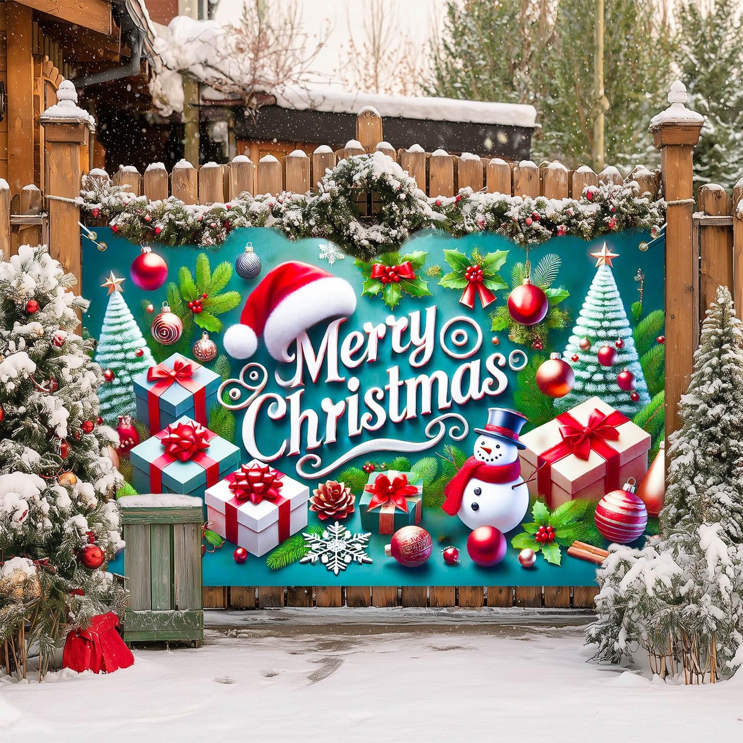 BlissYard Christmas Banner Merry Christmas Snowman Gift Tree Backdrop Green Red White Holiday Wall Decoration Party Photo Prop Indoor Outdoor Scene for Home Office 71 X 43 Inches