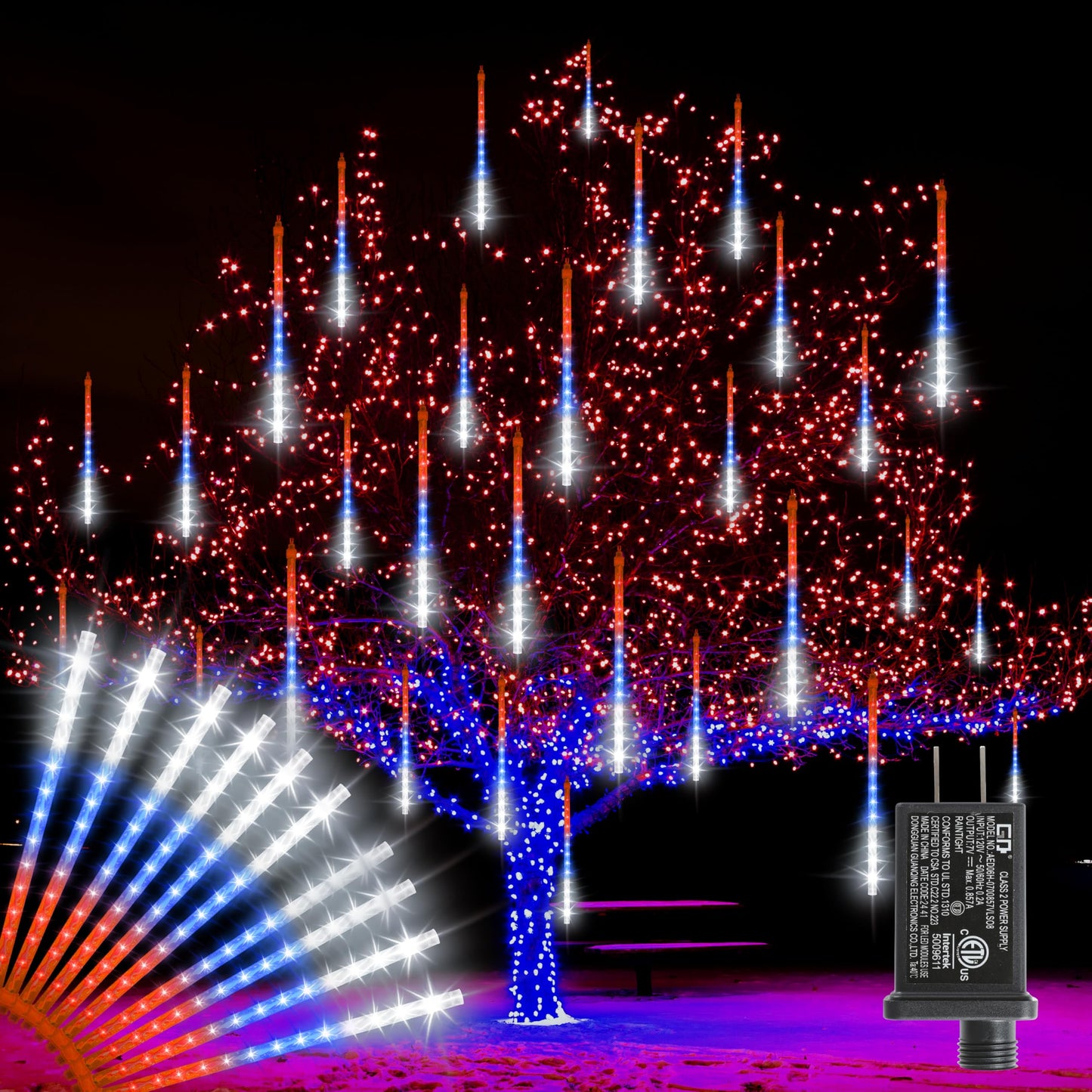 LAMPHOME 12in Red White Blue Patriotic Icicle Lights, 4th of July Outdoor Lights Meteor Shower Snow Falling Lights 10 Tubes 240 LED Waterproof Plug in, Fourth of July Outdoor Decor for Yard Tree House