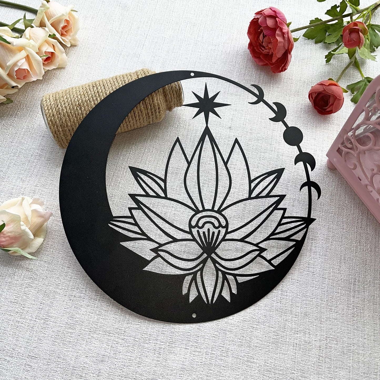 DUOOLN Moon Metal Floral Art Decor, 11" Black Boho Floral Star Phase Wall Sign, Half Moon Flower Sculpture Hanging Wall Decor for Bedroom Living Room Home Wall Decoration