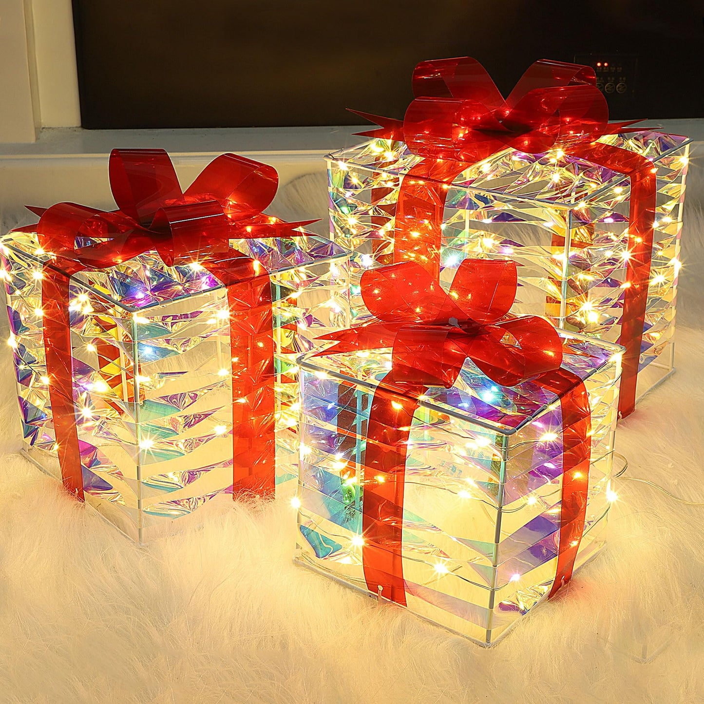 Lulu Home Set of 3 Christmas Lighted Gift Boxes, Pre-lit 140 LEDs Light Up Boxes with Red Bows, Plug-in Lighted Xmas Boxes with Timer for Christmas Trees Holiday Display Party Indoor Yard Lawn Decors
