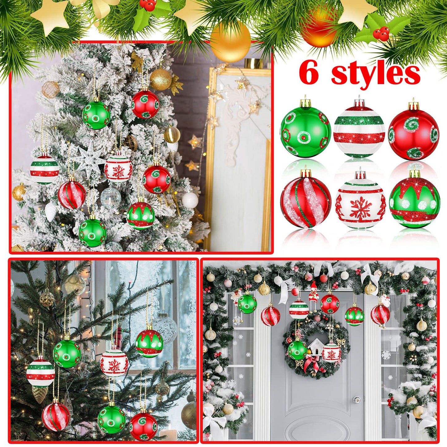 Hungdao 30 Pcs 2.36 Inches Shatterproof Christmas Tree Ball Ornaments Set, Plastic Red Green White Elf Glittering Xmas Hanging Bulbs Pendants for Christmas Tree Decoration Holiday Party Home Decor