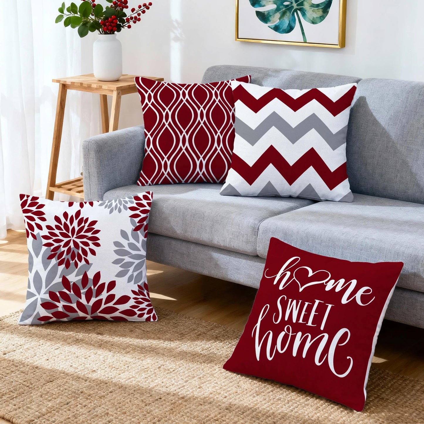 Hexagram Geometric Burgundy Pillow Covers 18x18 Set of 4, Decorative Outdoor Boho Modern Throw Pillow Covers, Home Sweet Home Farmhouse Cushion Case for Couch Sofa Bedroom Indoor Decor(No Insert)