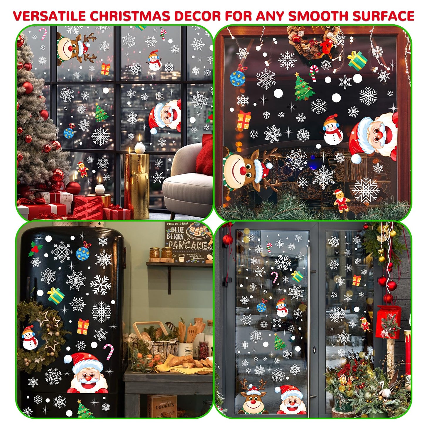 AOWDIAO Christmas Window Clings - 145 Pcs Xmas Glass Stickers, Santa, Snowflakes, Reindeer, Snowman - Winter Holiday Window Decorations for Festive Spirit