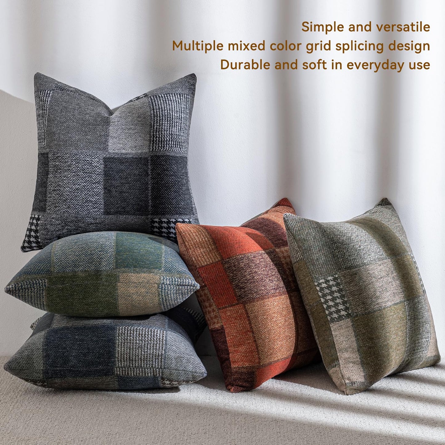 AmHoo Set of 2 Throw Pillow Covers Woolen Patchwork Checkered Farmhouse Decorative Square Pillows Cover Pillowcase for Sofa Couch Bed 18 x 18-Inch Coffee