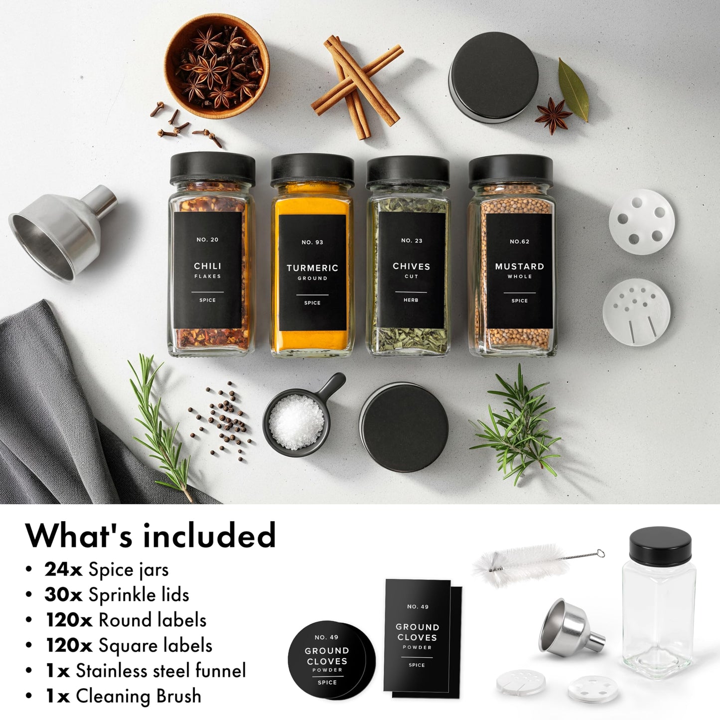 EDELHAUS Glass Spice Jars with Label and Black Lids (24 x 4oz) Spice Containers with 240 Labels, Shaker Inserts, Steel Funnel, Empty Square Empty Square Seasoning Organizer