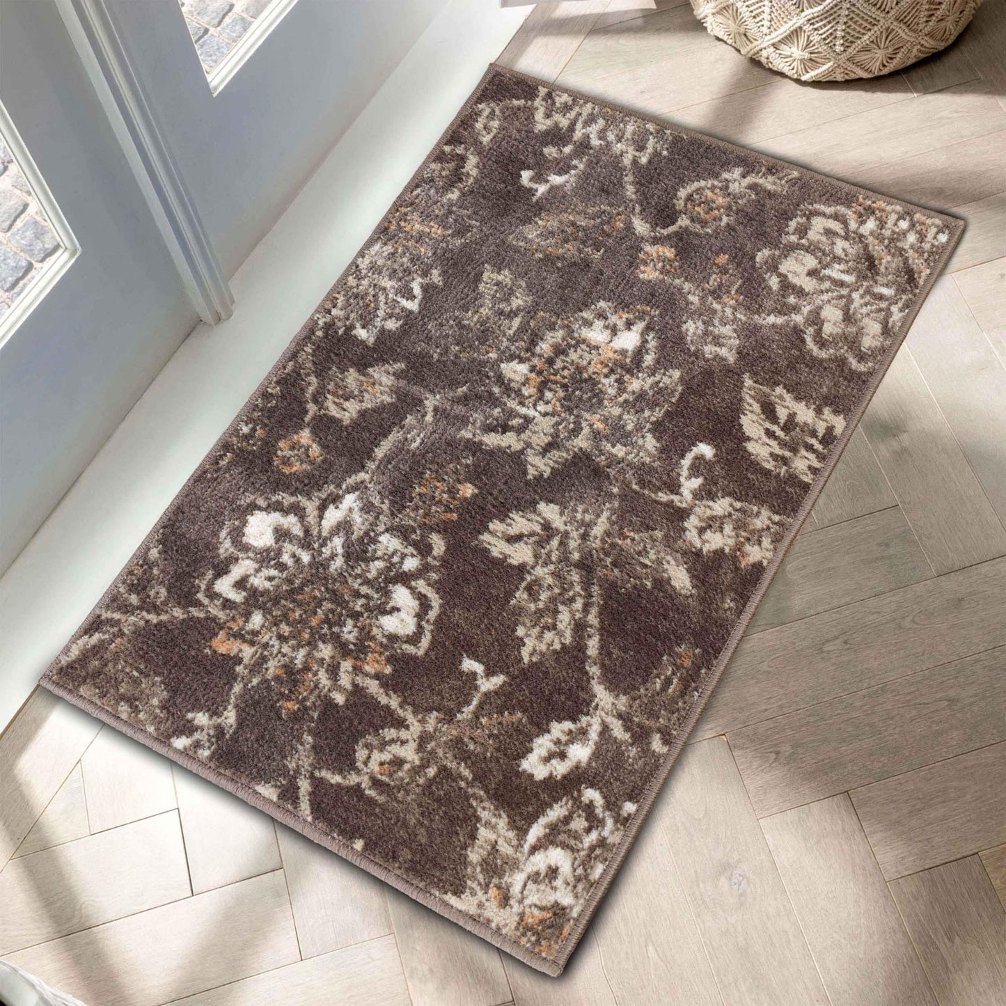 Superior Indoor Large Area Rug for Hallways, Entry, Office, Living/Bedroom, Hardwood, Tile, Floor Cover, Plush Carpet Cover, Modern Farmhouse Floral Decor, Jacobean Collection, 2' x 3', Chocolate