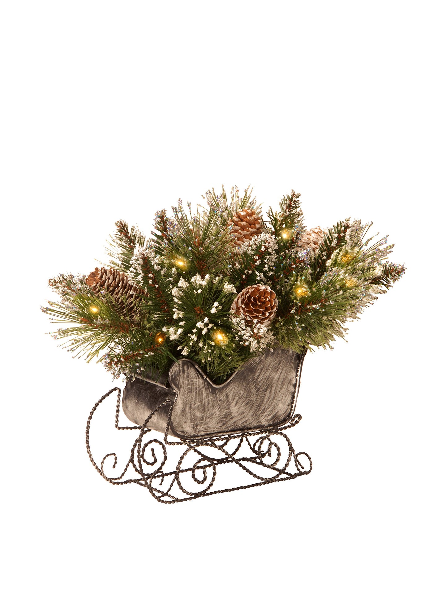 National Tree 10 Inch Glittery Bristle Pine Sleigh with White Cones and 15 Battery Operated Warm White LED Lights (GB3-300-10-B)
