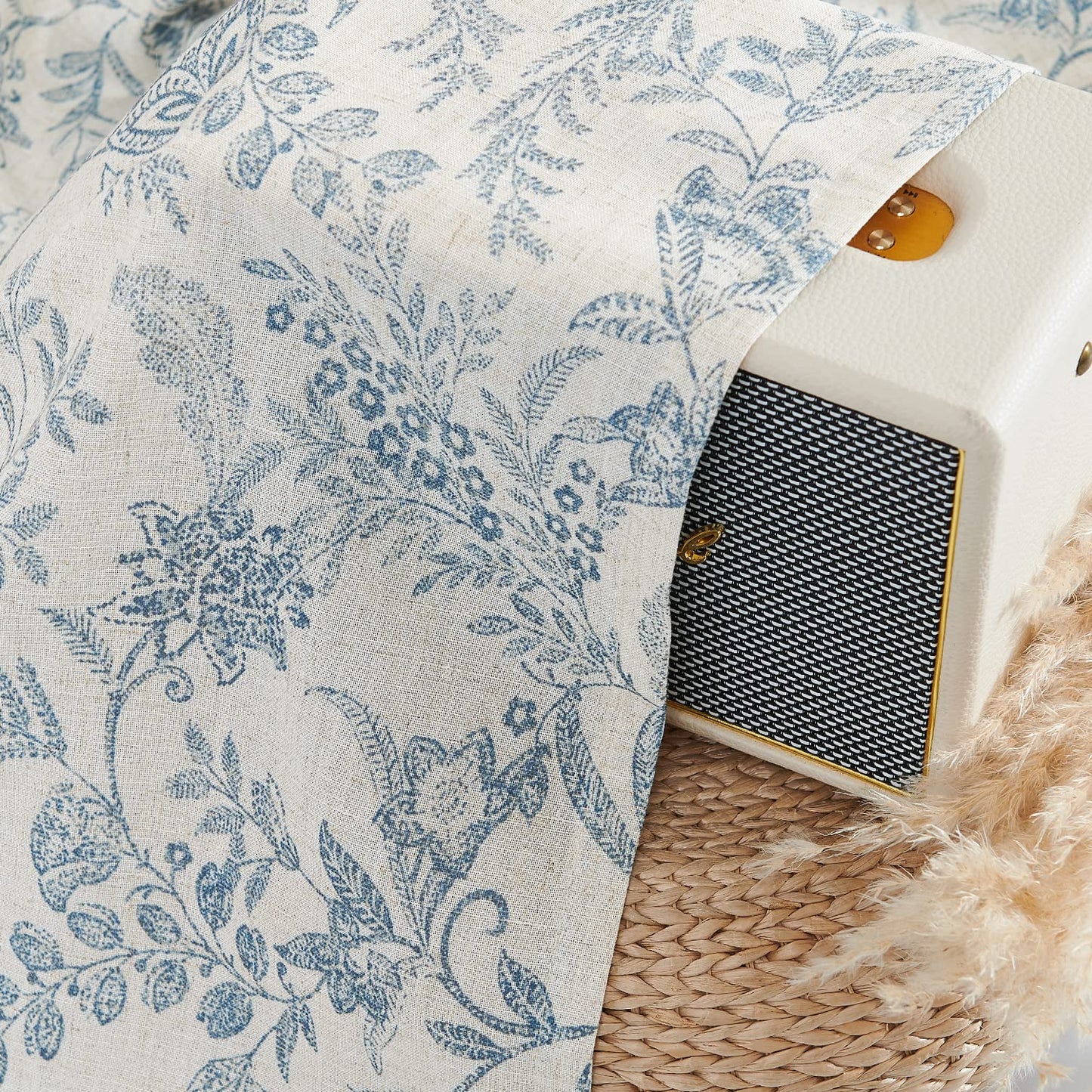 Lazzzy Kitchen Tie Up Valance Curtain Linen Floral Farmhouse Valance for Living Room Bathroom Bedroom Country Window Treatments Small Cafe Curtain 18 Inch Rod Pocket 1 Panel Blue on Beige