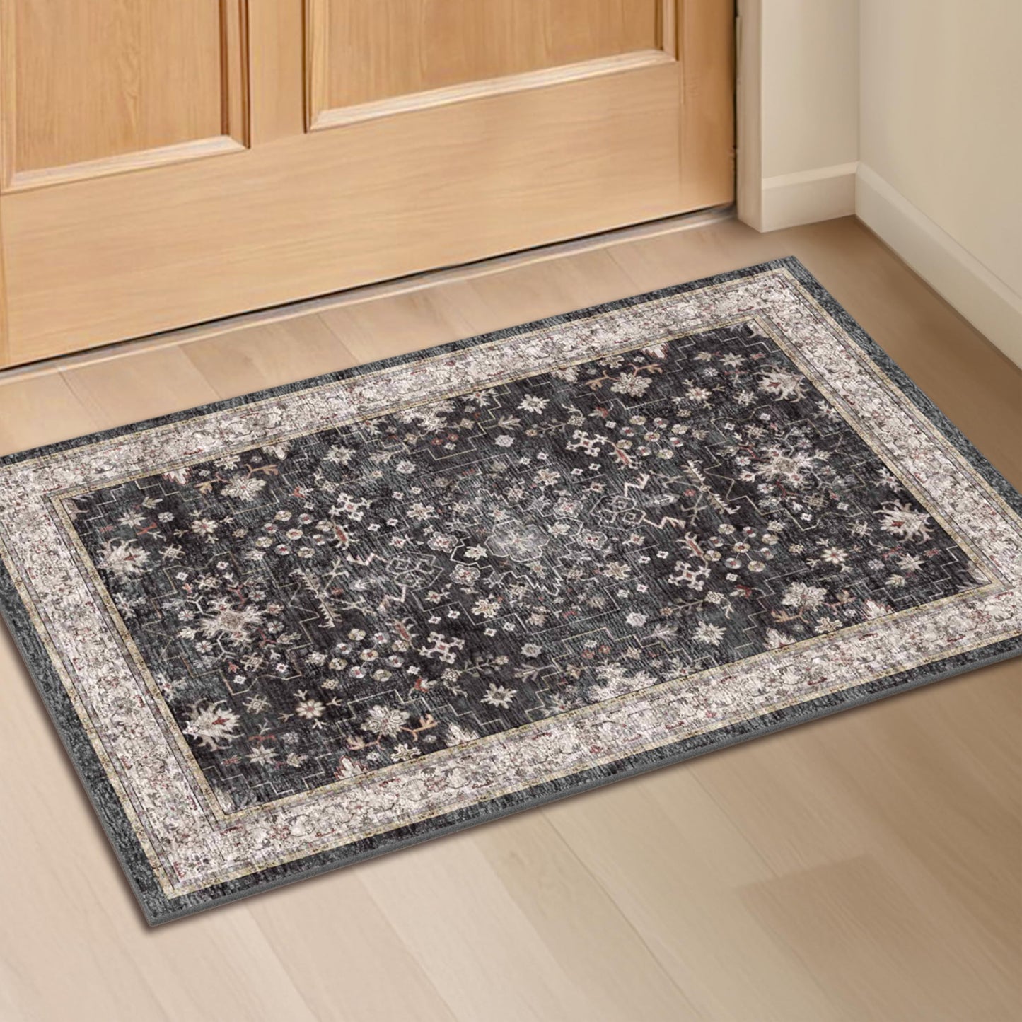 Black Washable 2x3 Entry Rug, Small Rugs for Entryway Kitchen Bathroom Door Mat Indoor Entrance, Non Slip Rubber Backing, Stain & Fade Resistant, Ashen Charcoal Floral Farmhouse Decor