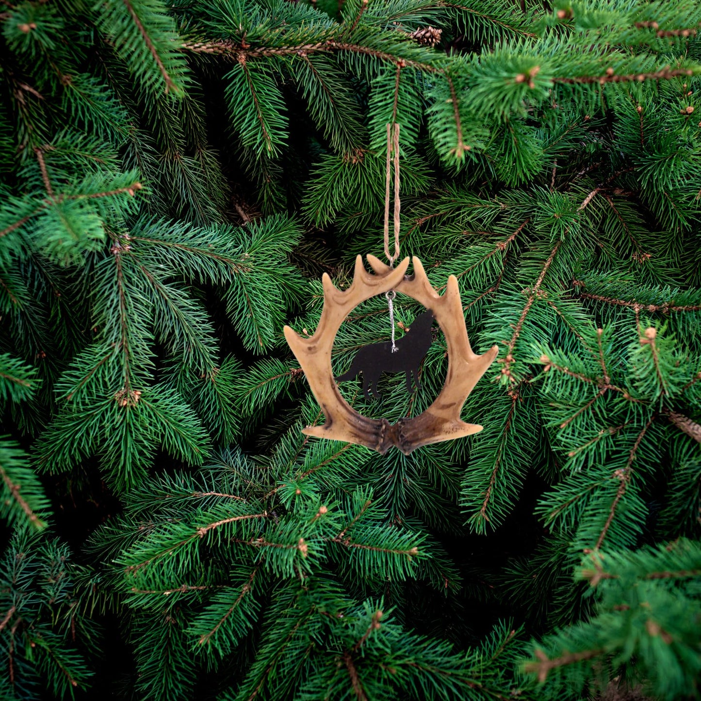 Antler Wolf Ornament, Rustic Holiday Decoration, 3.75 Inches
