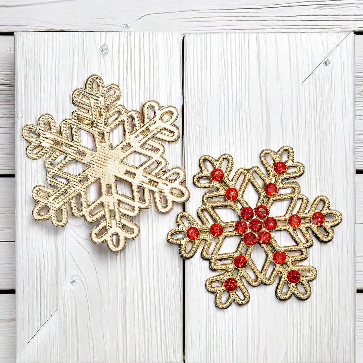 Rodvanvo 10PCS Large Hollow Hexagonal Winter Holidays Embellishment DIY Craft for Party Decorations Gift Box,Dress,Rhinestone Alloy Appliques Christmas Day Home Decor (Gold Bottom Red Rhinestone)