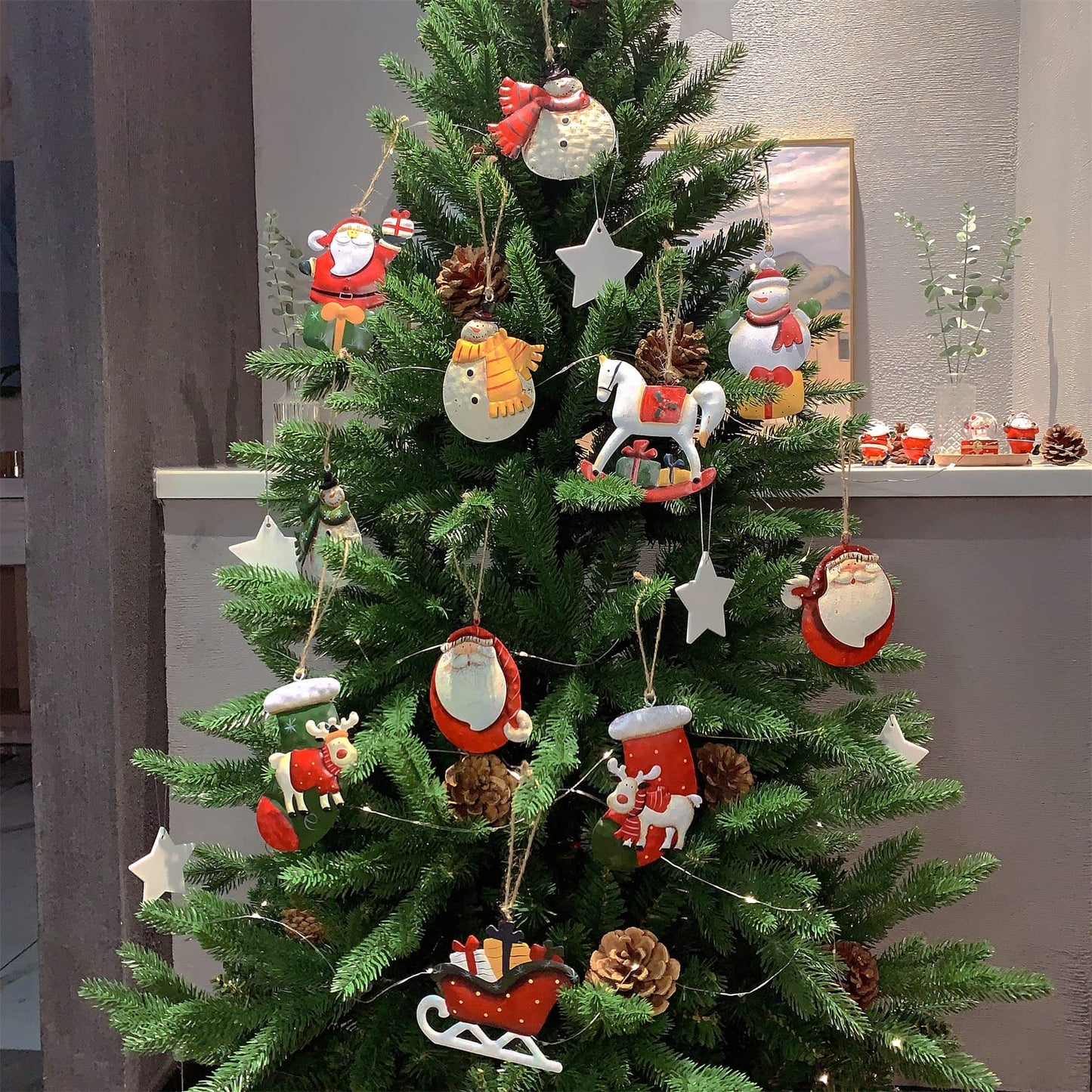 Crafjie 5 Pack Rustic Metal Double-Sided Christmas Tree Ornaments Tin Santa Snowman Decorations Hanging Pendants Ornaments Christmas Hanging Ornament Xmas Holiday Decor