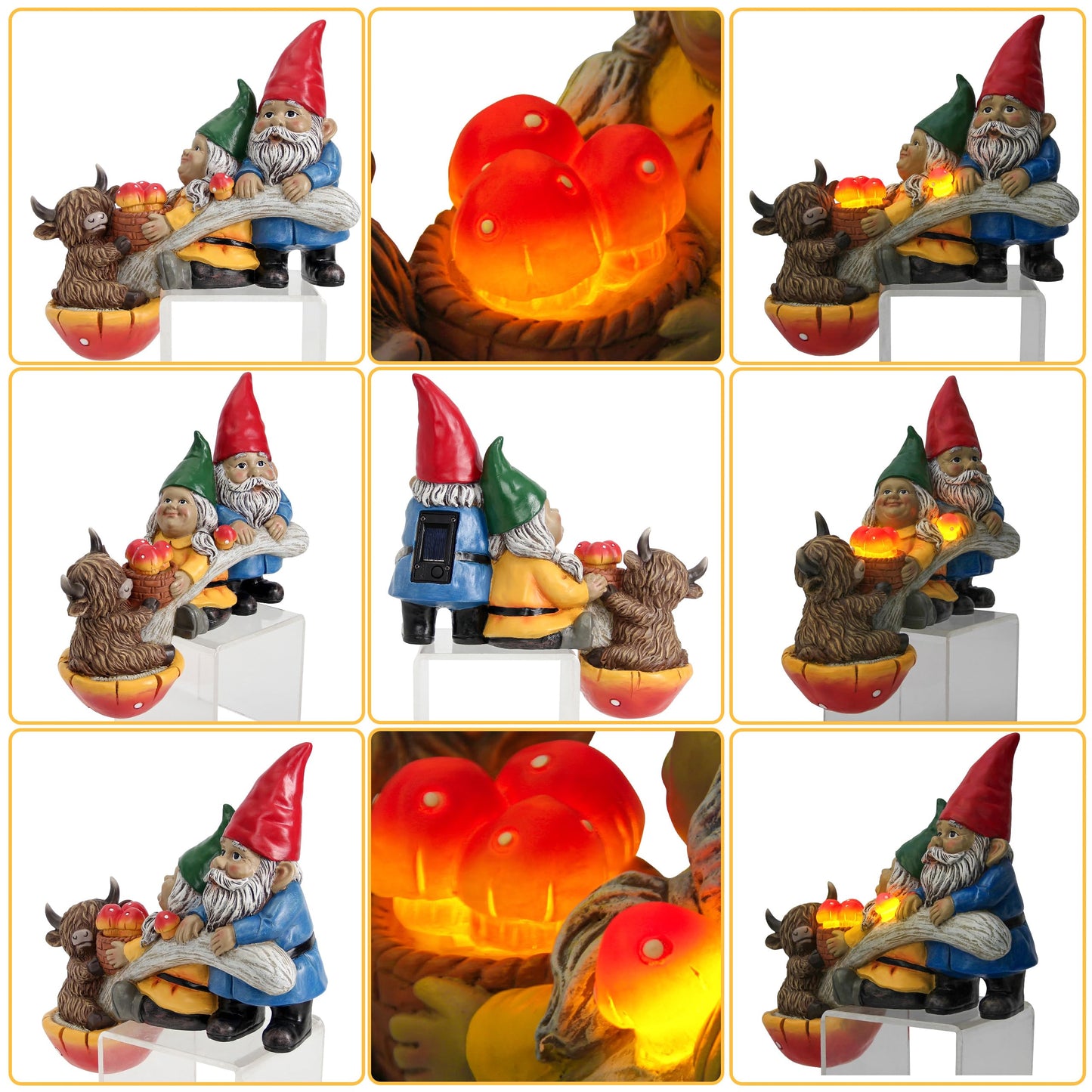 Garden Gnomes and Highland Cow Statue with Mushroom Solar Light, Couple Gnome Figurine for Outdoor Patio Lawn Porch Yard Edge Shelf Sitter Decoration, Garden Knome Holiday Indoor Decor, Love Gift
