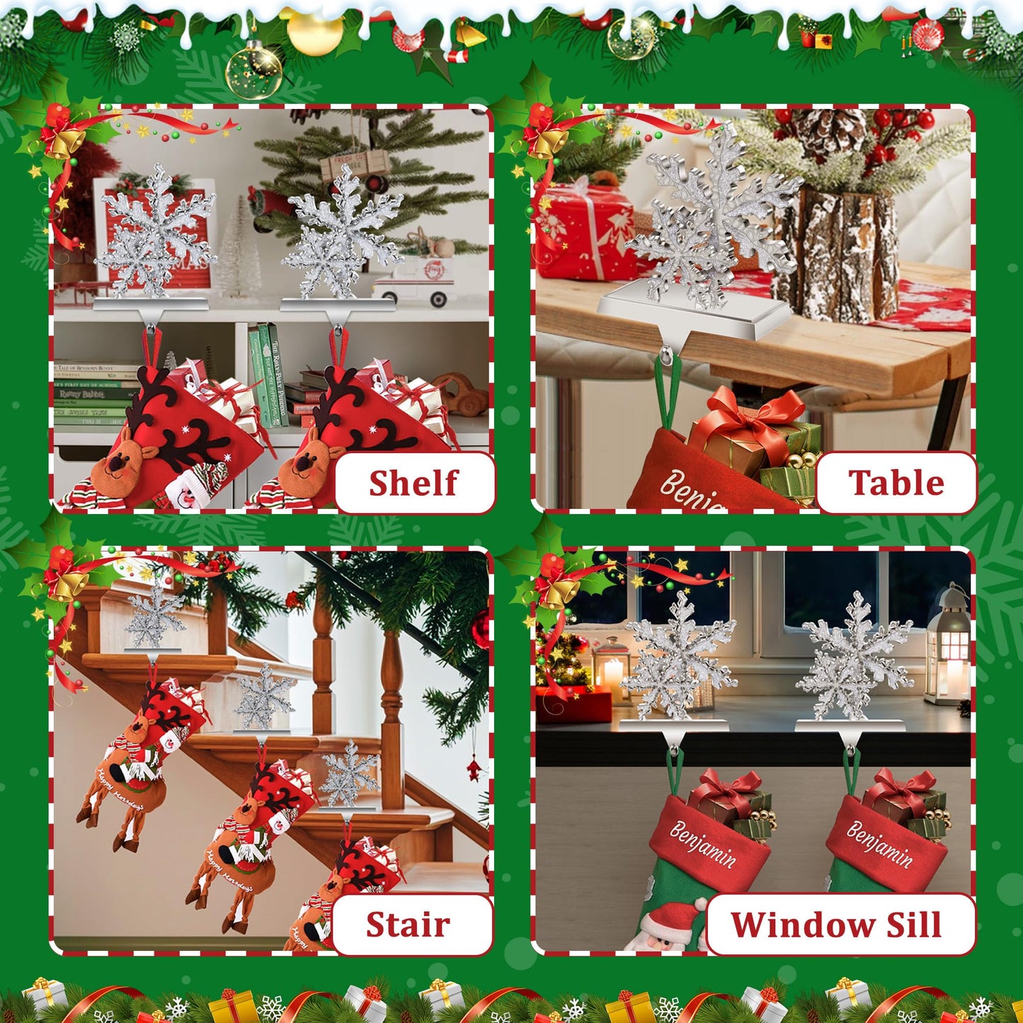 Loncaster Stocking Holders for Mantle Set of 2, Snowflakes Christmas 3D Stocking Hangers for Mantel with Shiny Metal & Glitter, Christmas Stocking Holder for Fireplace, Shelf, Tabletop (Sliver)