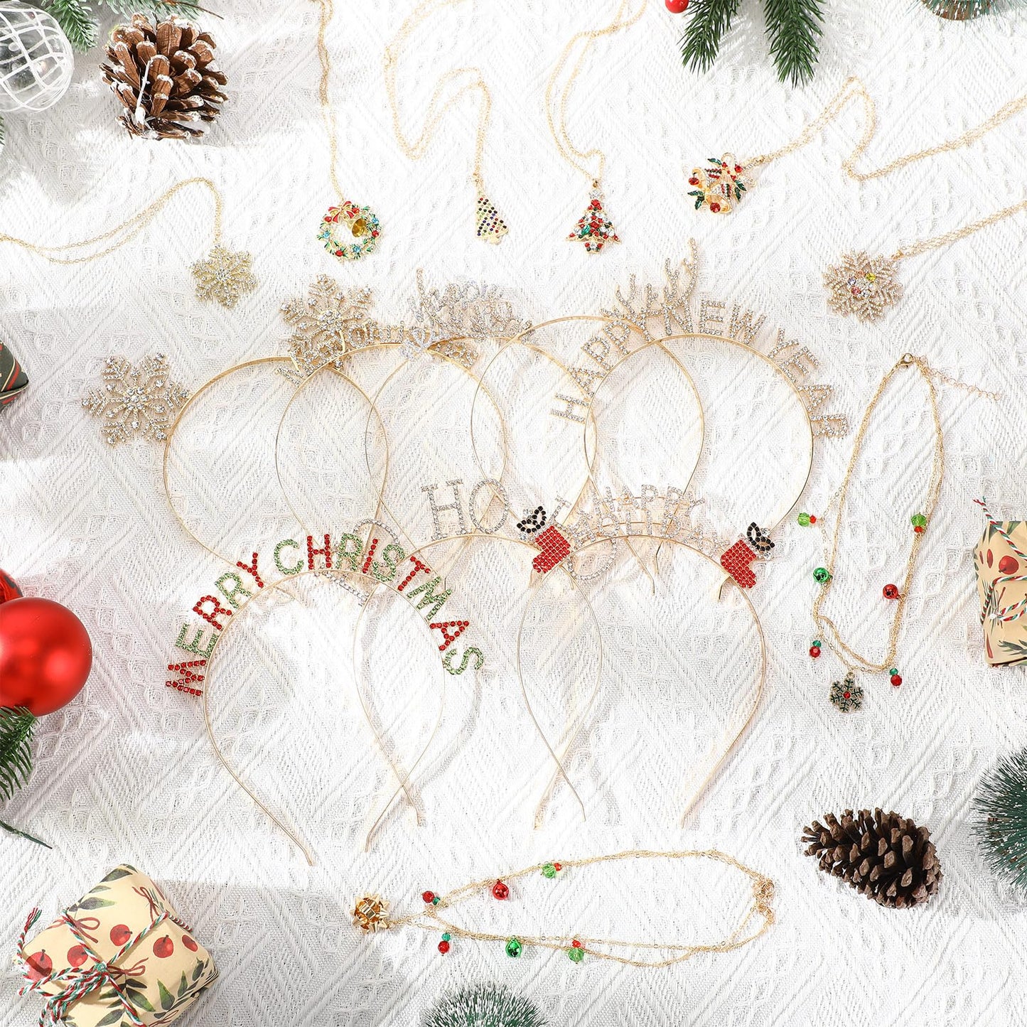 Quelay 16 Pcs Christmas Jewelry Set Include 8 Christmas Headbands 8 Pcs Xmas Necklaces Rhinestone Snowflake Deer Antlers Hairband Wreath Bell Necklace for Women New Year Party Favor Gift Accessory
