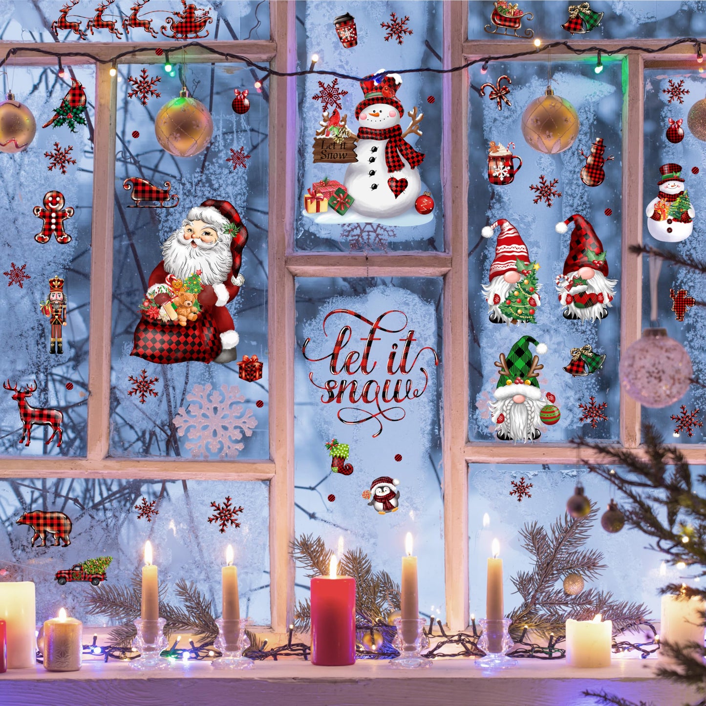 BORAMDO Christmas Window Clings 12 Sheets, Buffalo Plaid Xmas Window Decals Stickers Removable Holiday Decorations for Home & Office, 12 Styles