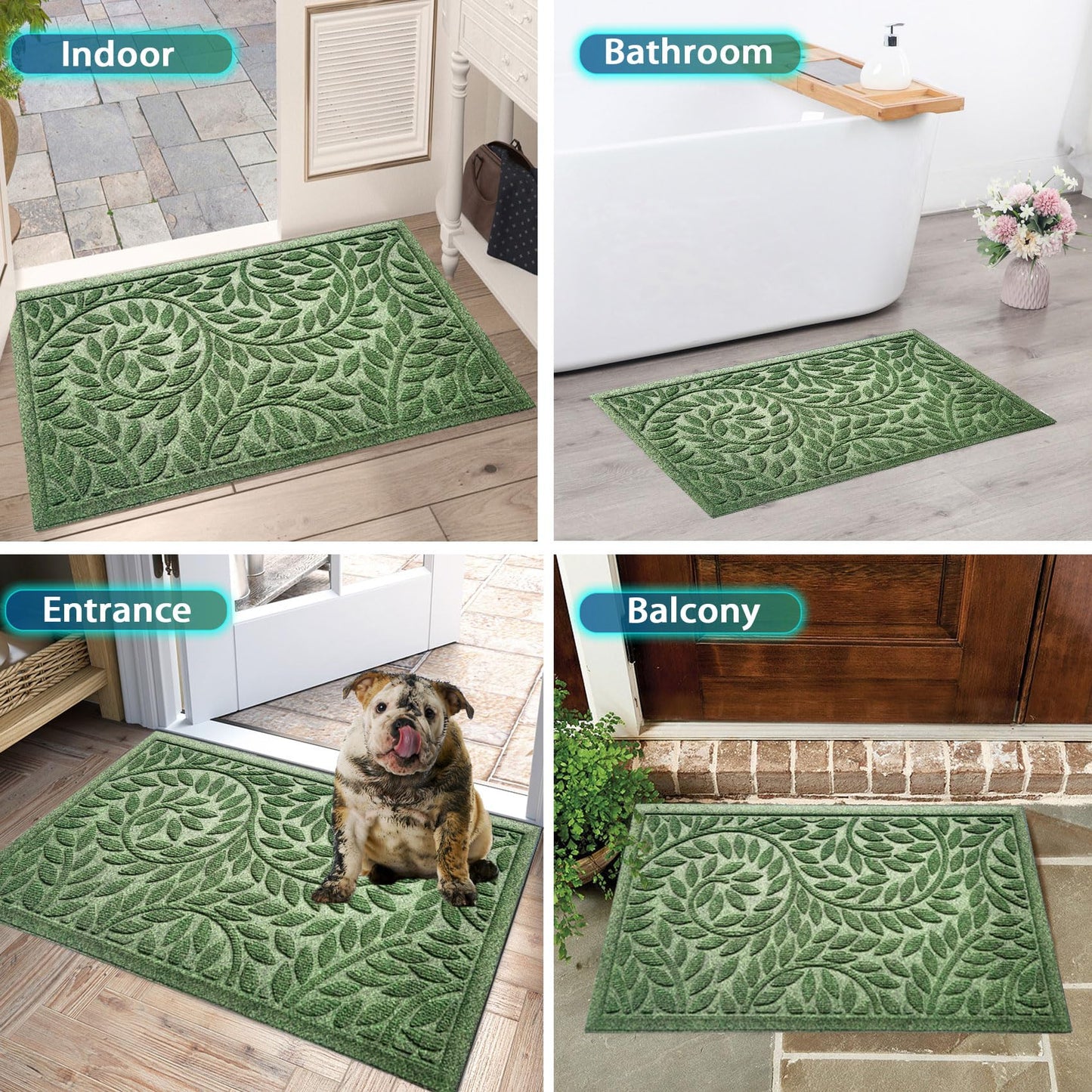 Bulijojo Front Door Mat Entrance,Durable Heavy Duty Welcome Mat,Thick Absorbent Natural Rubber Non Slip Mat,Sturdy Entryway Green, 17"x30"