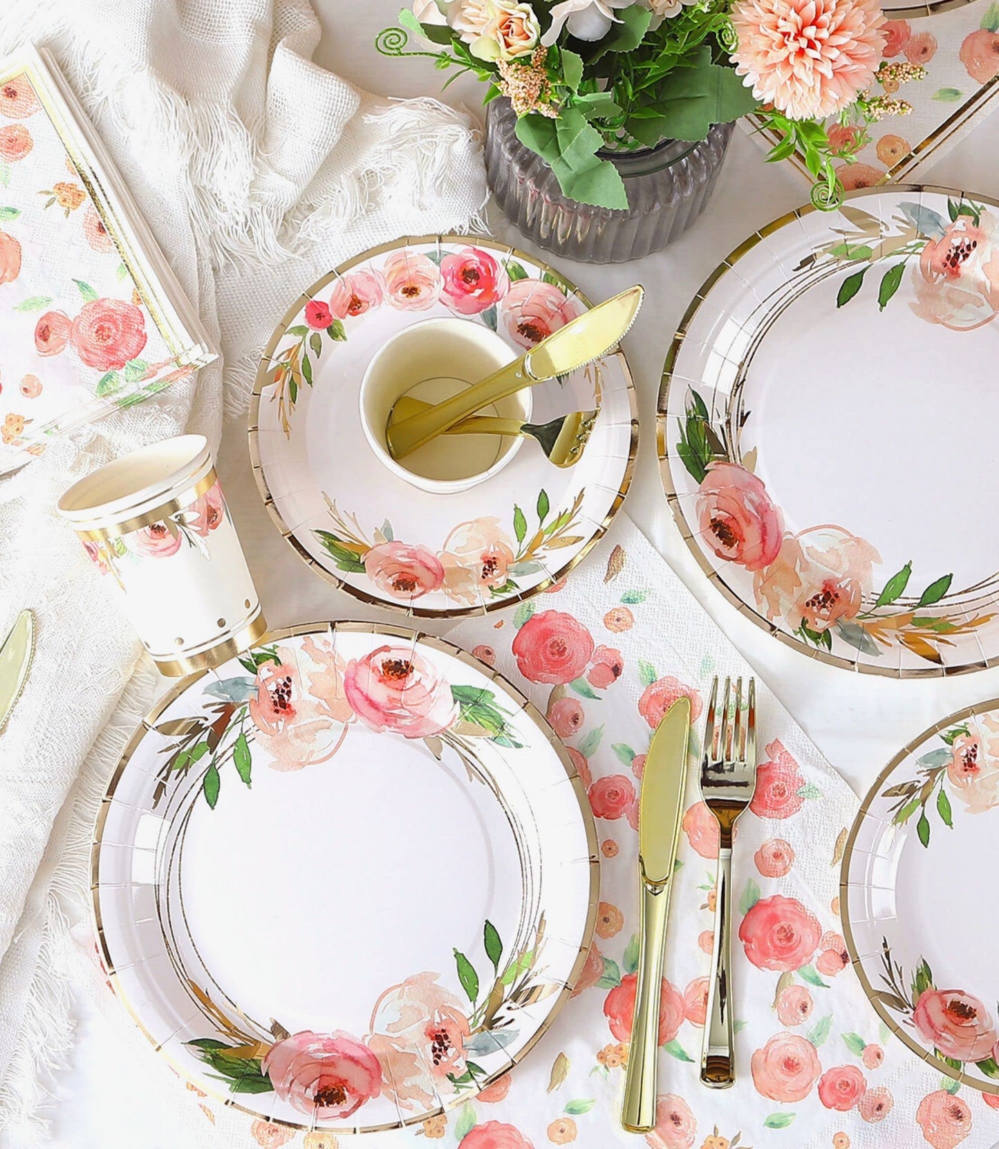 Luxury Floral Paper Plates and Napkins Party Supplies - Serves 16 - Pink and Gold Flower Decoration for Floral Baby Shower Bridal Shower Tea Party Birthday