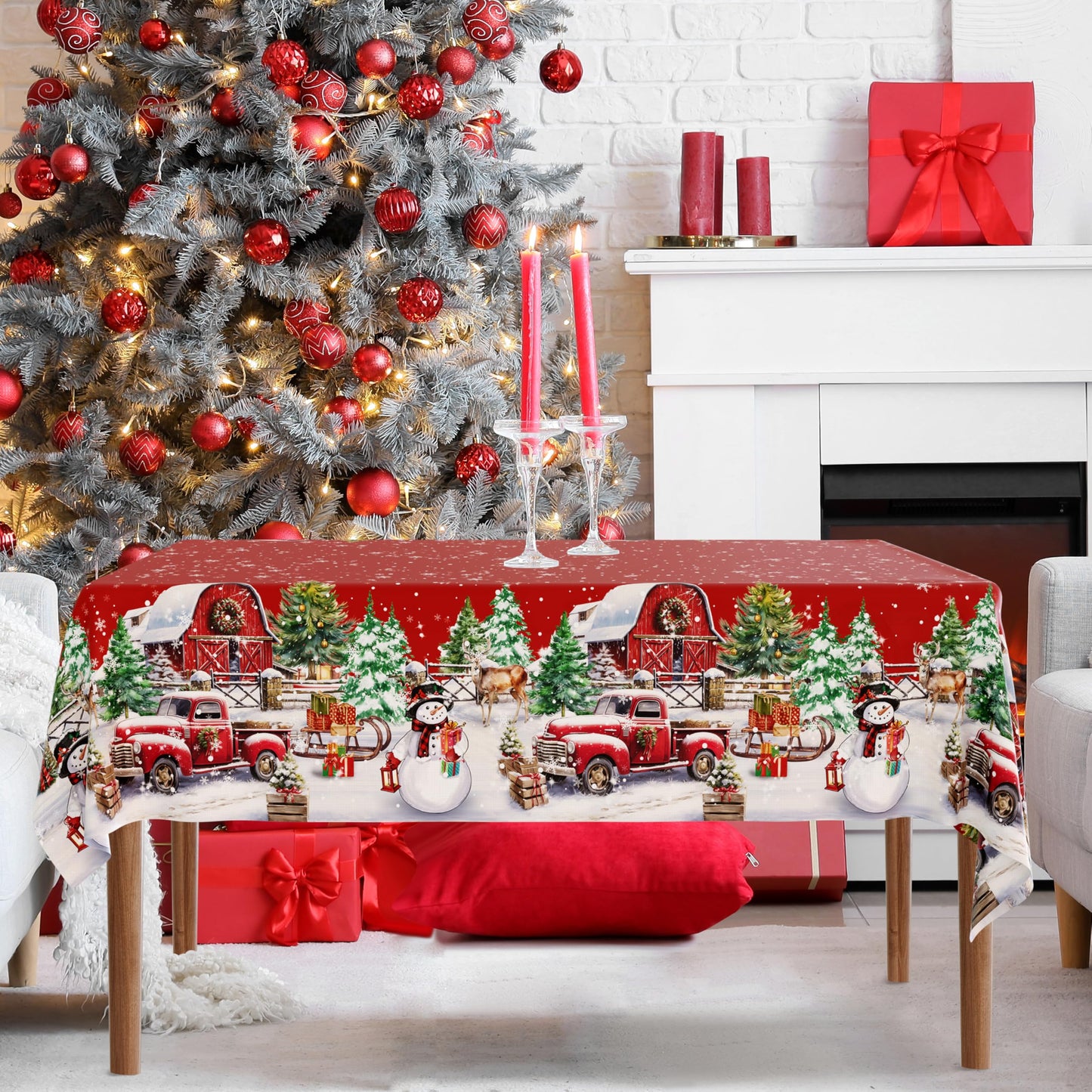 THAWAY Christmas Tablecloth 60×84 Inch Rectangular Winter Snowman House Christmas Trees Red Washable Table Cover Waterproof Polyester Xmas Table Cloths for Holiday Home Picnic Dinner Decor