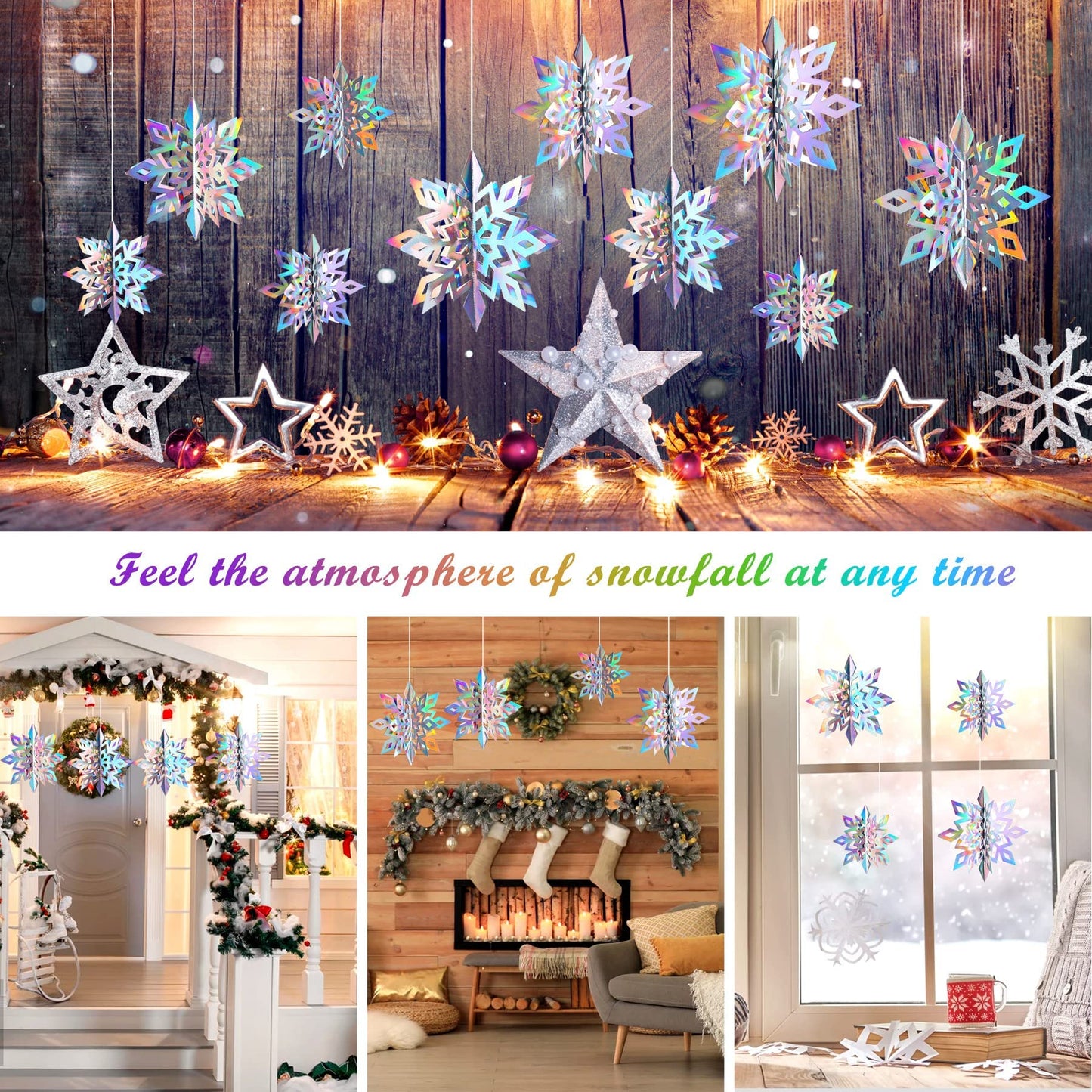 JULMELON 15Pcs Frozen 3D Hanging Snowflakes Decorations, Holographic Snowflakes Garland Silver Snowflakes for Winter Wonderland Decorations Frozen Birthday Party Supplies