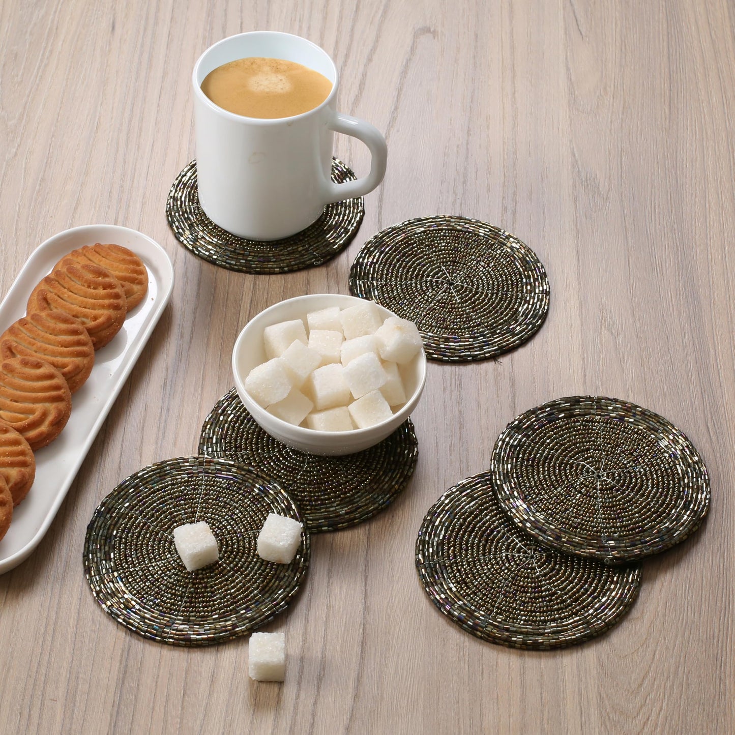 Handmade Beaded Wire Coaster Set of 6-4 Inch Round Coasters, Elegant Beautiful Stylish Decorative Drink Coaster Perfect for Home, Office, Christmas, & Everyday Use - Brown