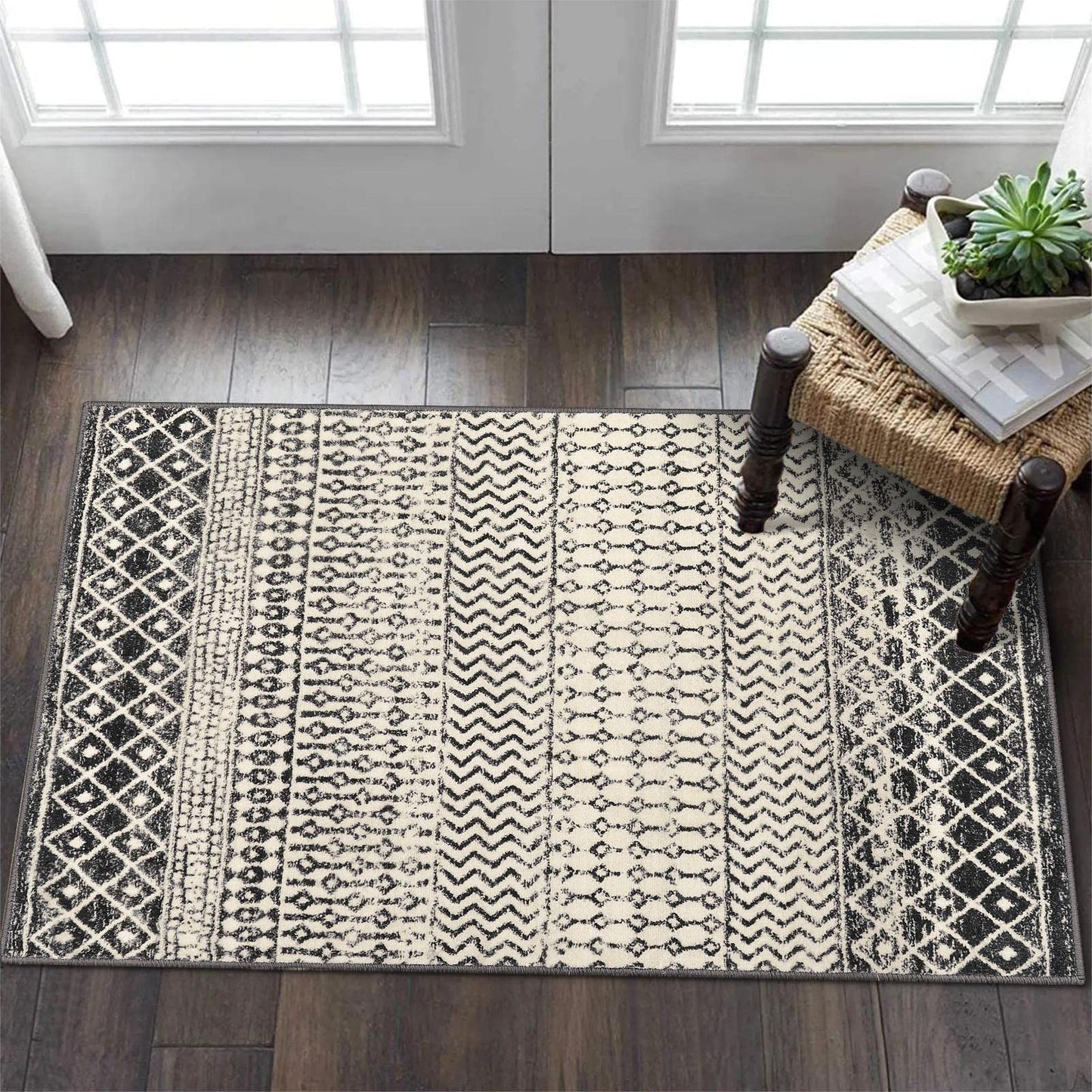 Nailttos Moroccan Area Rug, 2x3 Black Distressed Entryway Rug Non-Slip Small Rug, Soft Low-Pile Washable Indoor Door Mat Floor Carpet for Entrance Bedroom Kitchen Bathroom