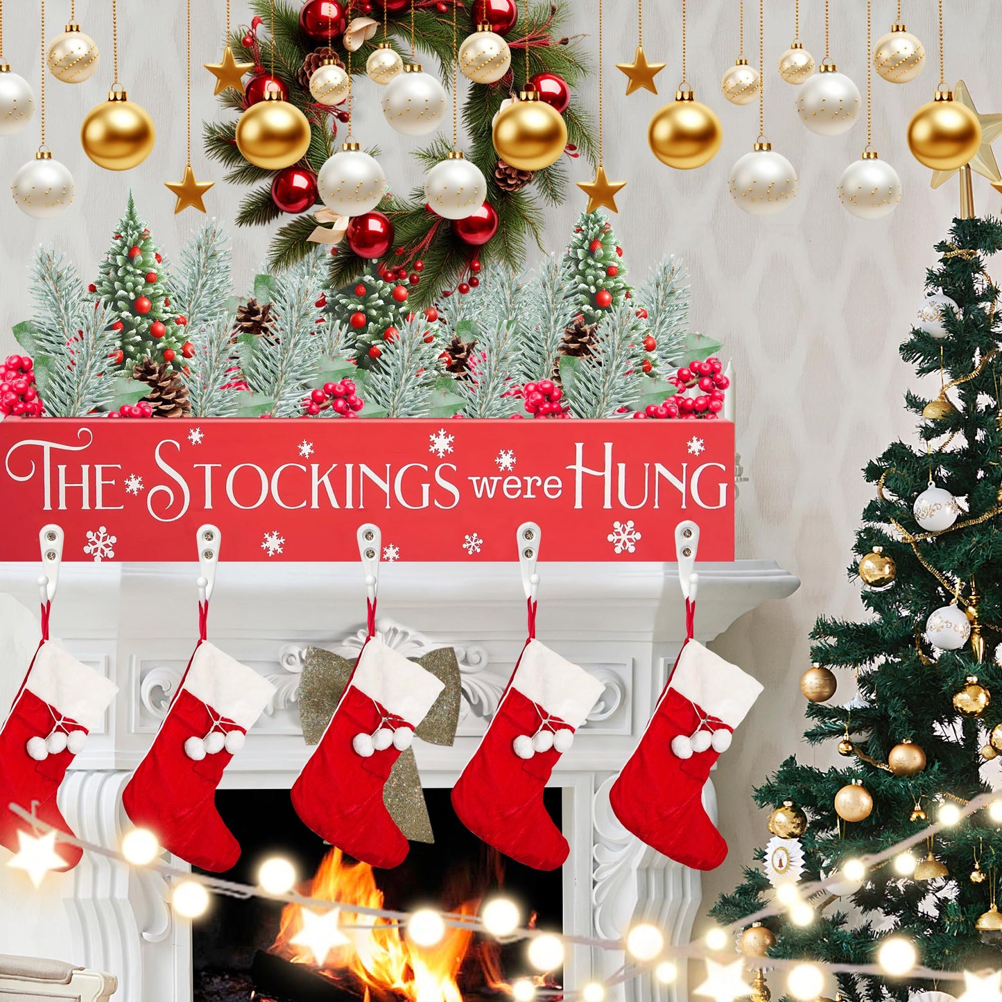 HPC Decor Christmas Stocking Holders, Wooden Box with 5 Hook Stockings Hangers Christmas Decoration for Fireplace Mantel Wood Organizer Storage