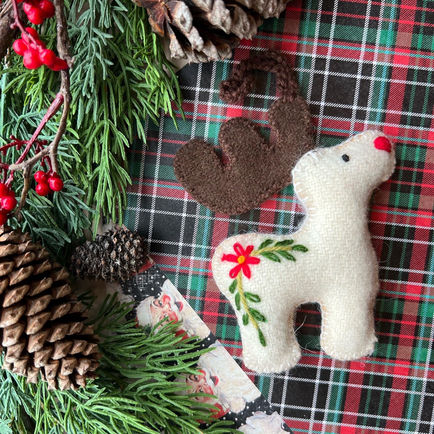 Reindeer Christmas Ornament Handmade Embroidered Felt