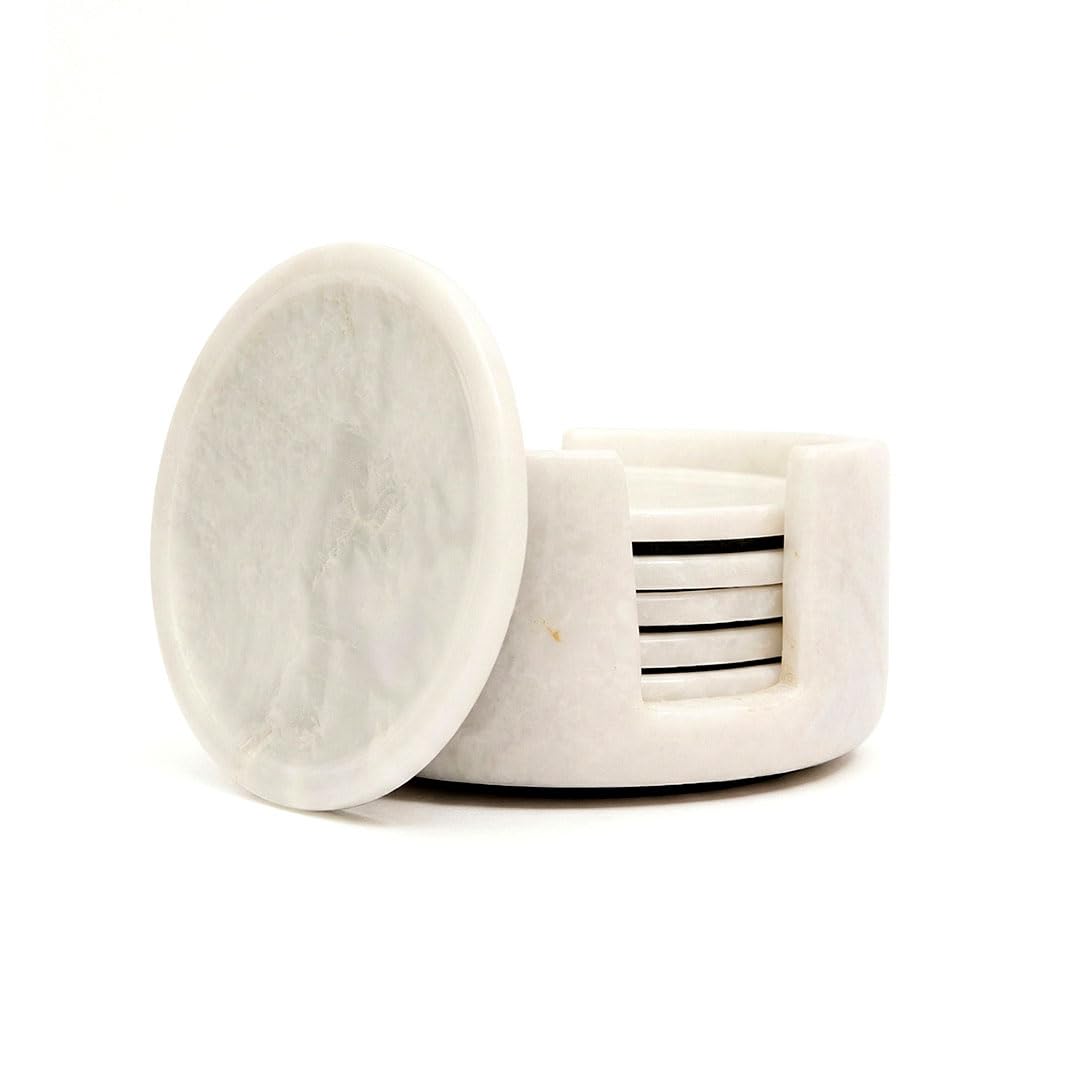 Marble Coasters Set of 6 with Holder, 3.5 Inch Round Drink Coasters for Tabletop and Coffee Table Decor, White