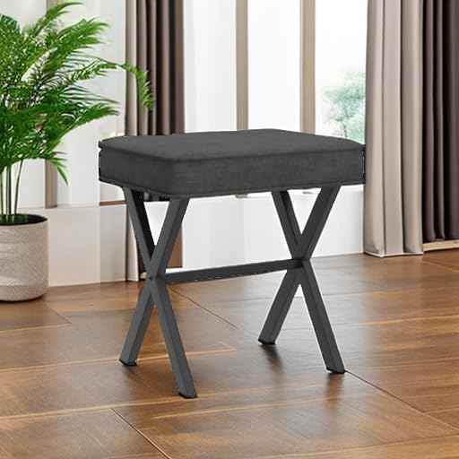 LUE BONA Vanity Stool, Square Linen Makeup Stool with Metal X Legs, Small Ottoman Stool Chair for Vanity, Modern Padded Vanity Seat Foot Rest Stool for Makeup Room, Living Room, Bathroom, Carbon Gray