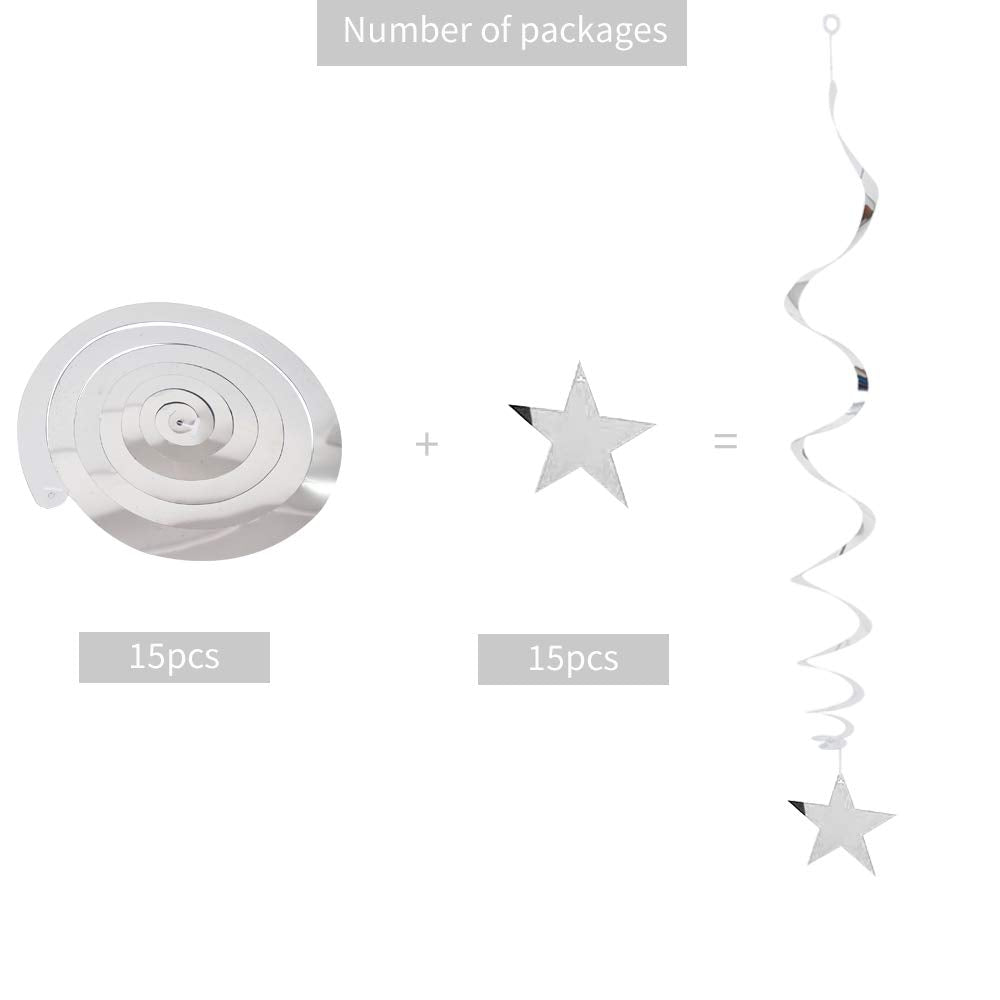 BEISHIDA Silver Star Hanging Swirl Decorations,Hanging Silver Party Supplies for Graduation Wedding Baby Shower Decorations, Pack of 15