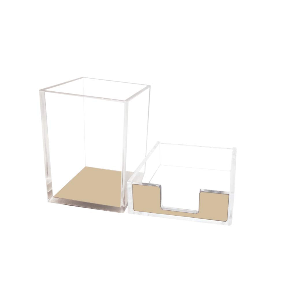 MEI YI TIAN Gold Memo Pad Holder Pencil Cup Set Self-Stick Notes Cube Tray Glitter Desktop Accessories Dispenser for Office Home School Stationery Makeup Brush Organizers (Gold & Clear)