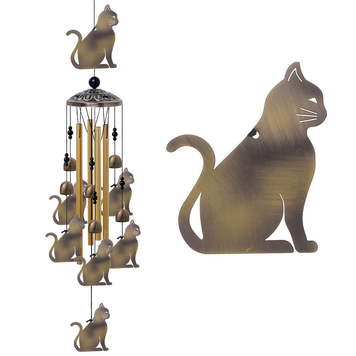 Garden Cat Wind Chimes Outdoor Indoor Decor - with 4 Tubes 7 Cats Wind Chime, Mobile Romantic Cats Wind Catcher, Bronze Cats Wind Bells for Home, Mom Gifts, Balcony, Tree, Festival, Garden Decoration