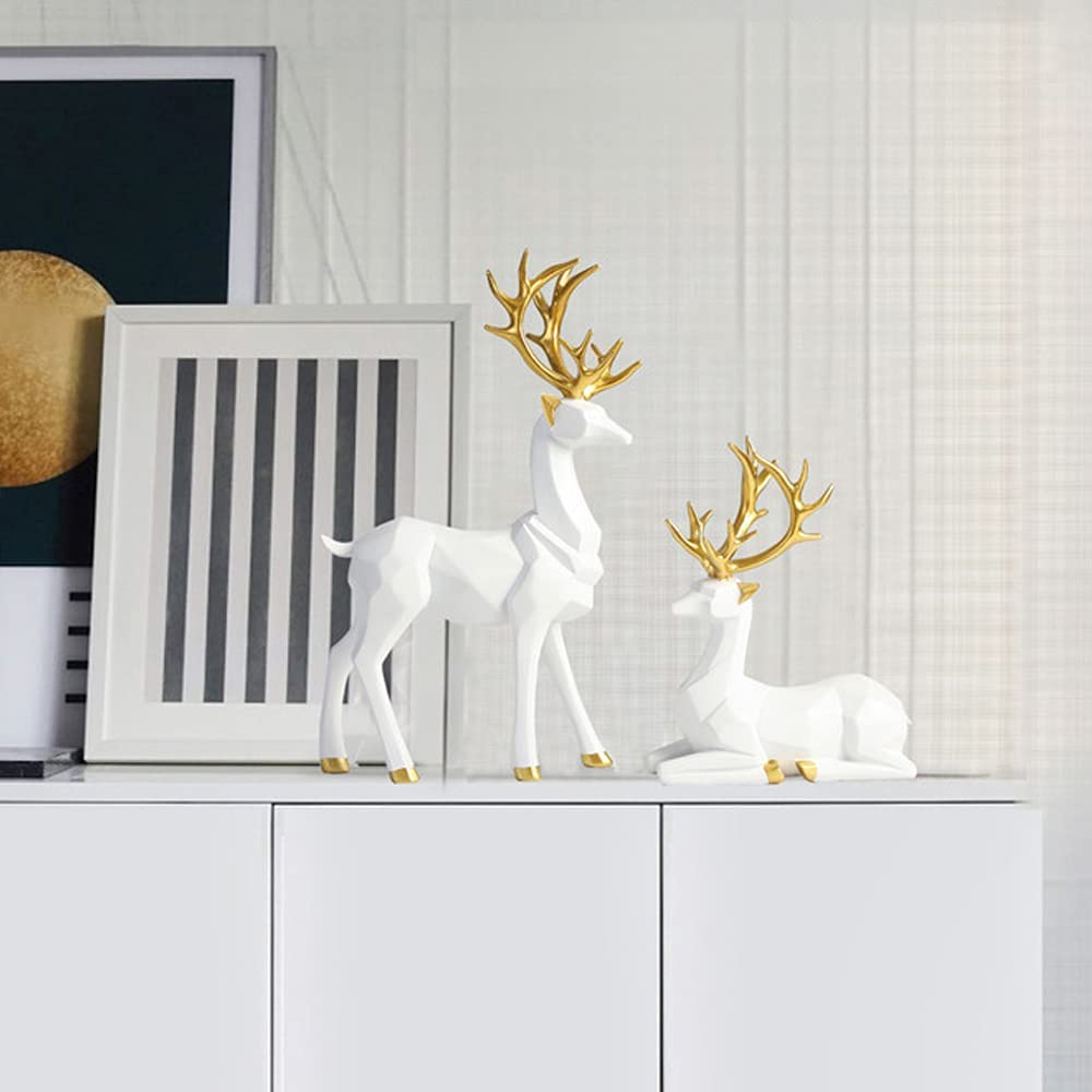 BrichLife 2pcs 3D Geometric Elk Resin Statue, Seated and Standing Elegant Lucky Deer, Luxurious Simple Style Ideas, Suitable for Living Room, Wine Cabinet, Display Stand, Bedroom, Office Desktop