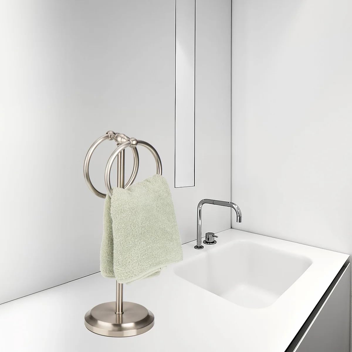 J&V TEXTILES Steel Towel Rack Holder Stand with 2 Hanging Rings for Bathroom Vanity Countertops - Space Saving Hand Towel Holder (Brushed Satin Nickel)