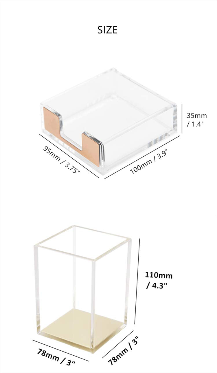 MEI YI TIAN Gold Memo Pad Holder Pencil Cup Set Self-Stick Notes Cube Tray Glitter Desktop Accessories Dispenser for Office Home School Stationery Makeup Brush Organizers (Gold & Clear)