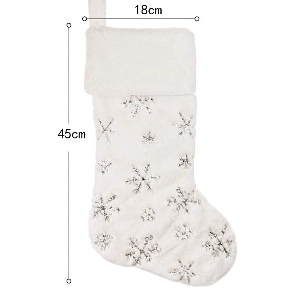 SherryDC White Plush Christmas Stockings 2 Pack, 19" Silver & Gold Snowflake Sequin Embroidered Fireplace Hanging Stockings Set for Christmas Decoration