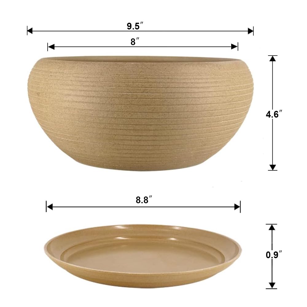 MUZHI 9.5” Round Large Ceramic Bonsai Bowl Planter，Clay Succulent Plant Pot Container with Saucer