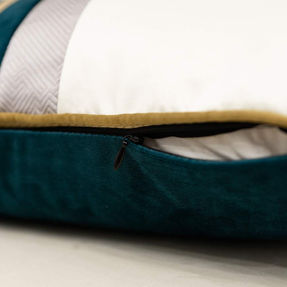 Avigers 20 x 20 Inches Teal White Gold Leather Striped Patchwork Velvet Cushion Case Luxury Modern Throw Pillow Cover Decorative Pillow for Couch Living Room Bedroom Car
