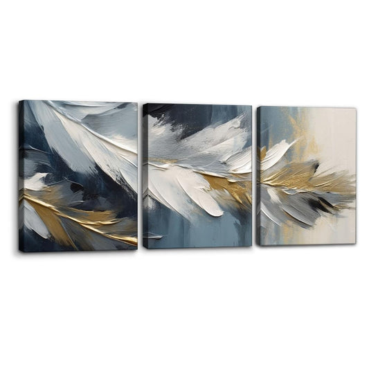Pacimo Abstract Canvas Wall Art, Set of 3 Framed Painting Prints, Feather Pictures Modern Wall Decor for Living Room Bedroom Office Home Decor Ready to Hang - 12"x16"x3 Panels